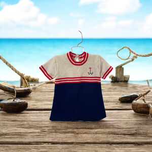 Vintage 60s Nautical Baby Knit Dress Red, White & Navy Sailor Anchor 12M